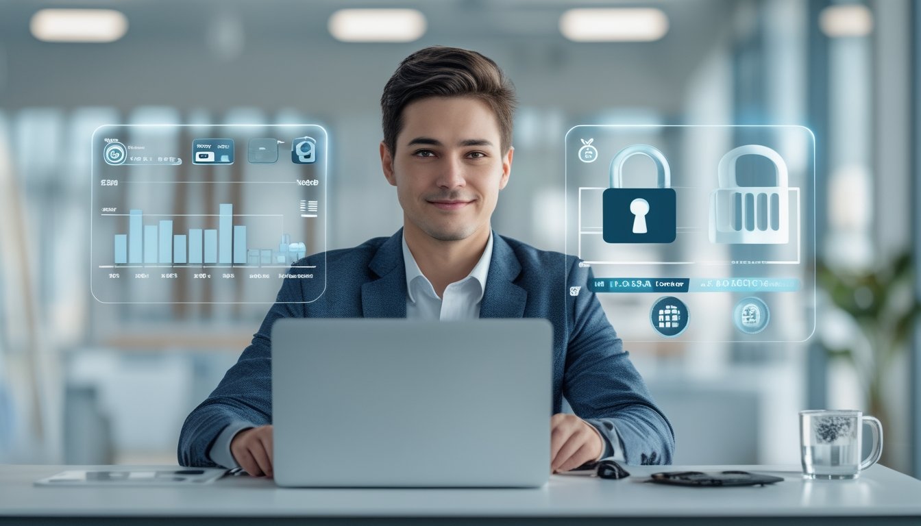 Seseorang duduk di meja dengan laptop di lingkungan kantor yang terang, fokus dan percaya diri saat menggunakan komputer.