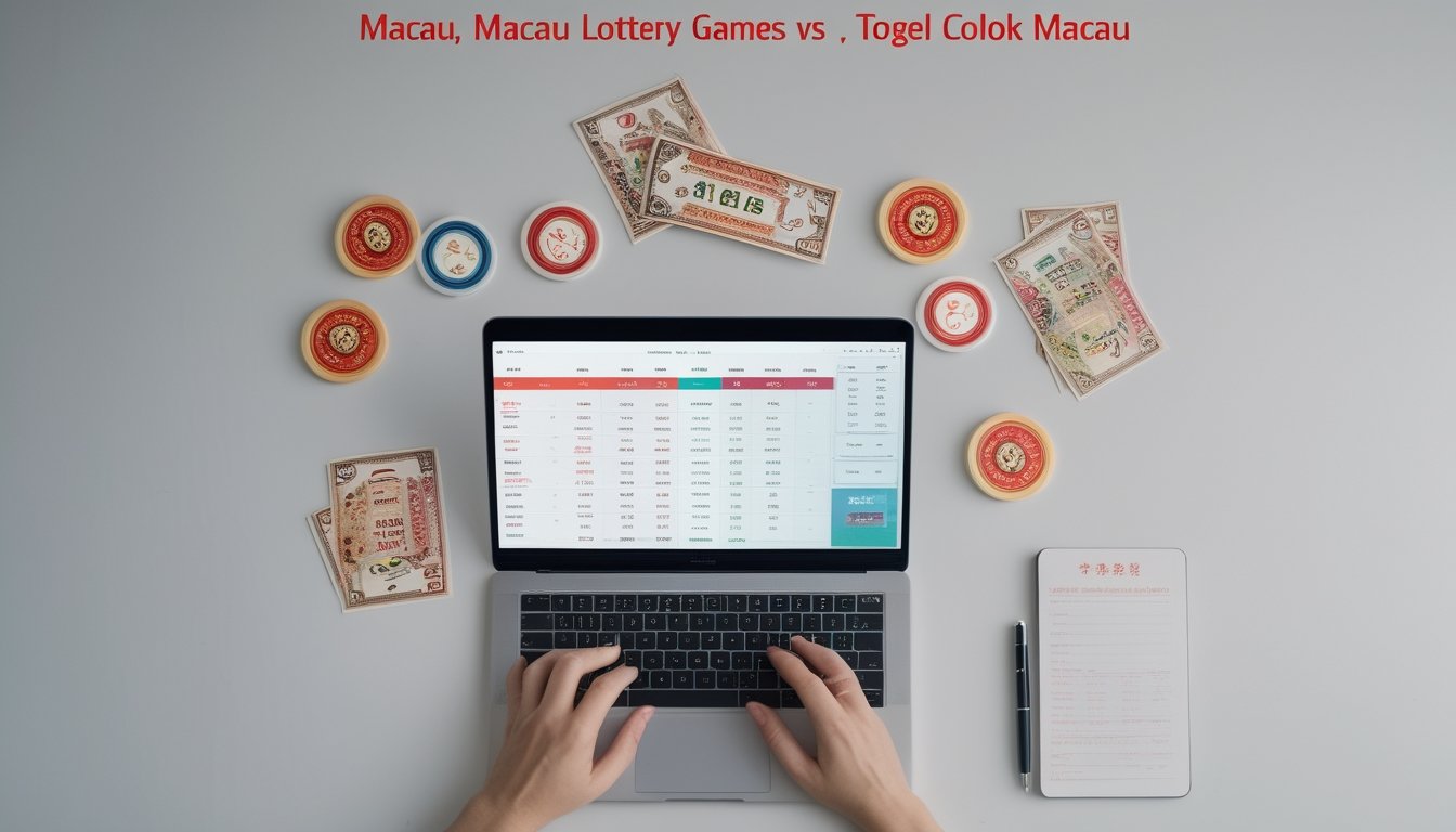 Seorang pemain online sedang menganalisis data togel Macau di depan laptop dengan latar belakang simbol-simbol Macau dan alat tulis di meja.