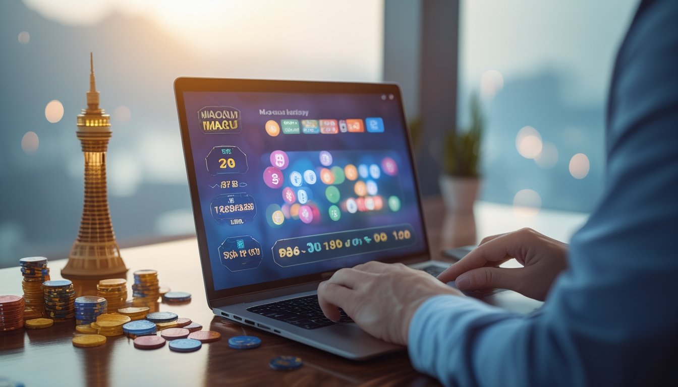 Seorang pemain menggunakan komputer dengan layar menampilkan angka togel dan elemen bertema Macau di meja kerja.