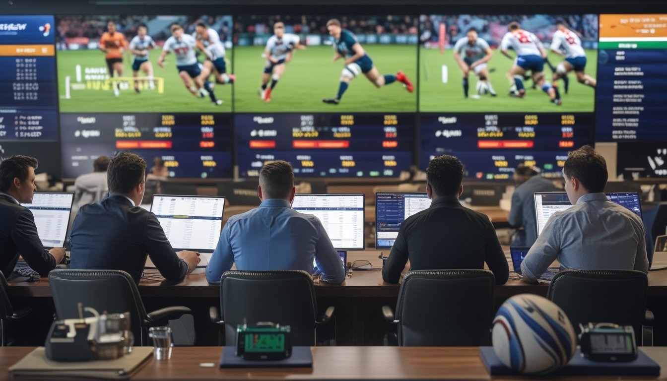 Suasana ruang taruhan olahraga modern dengan layar besar menampilkan pertandingan rugby dan orang-orang yang sedang memasang taruhan menggunakan perangkat digital.