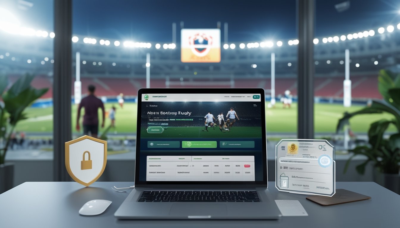 Seorang pemain menggunakan laptop di meja dengan latar belakang stadion rugby yang terlihat dari jendela, menampilkan suasana taruhan rugby online yang aman dan resmi.