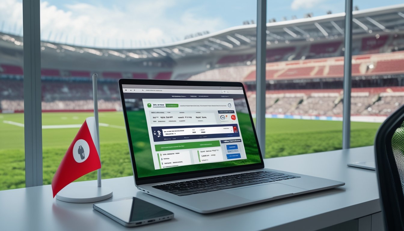Seorang pria duduk di depan laptop dengan tampilan situs taruhan rugby, latar belakang stadion rugby dengan penonton, dan bendera Indonesia di meja.