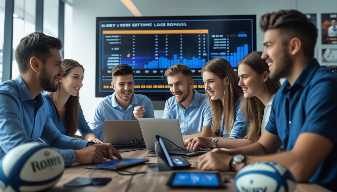 Sekelompok orang muda berdiskusi di kantor modern dengan layar digital menampilkan statistik pertandingan rugby dan grafik.
