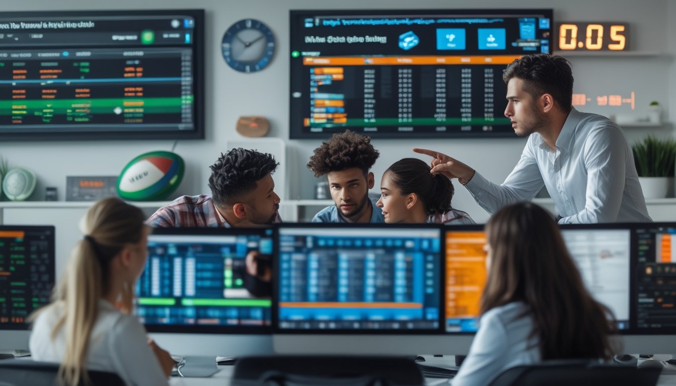 Sekelompok orang muda sedang melihat layar komputer dengan data taruhan rugby di kantor modern.
