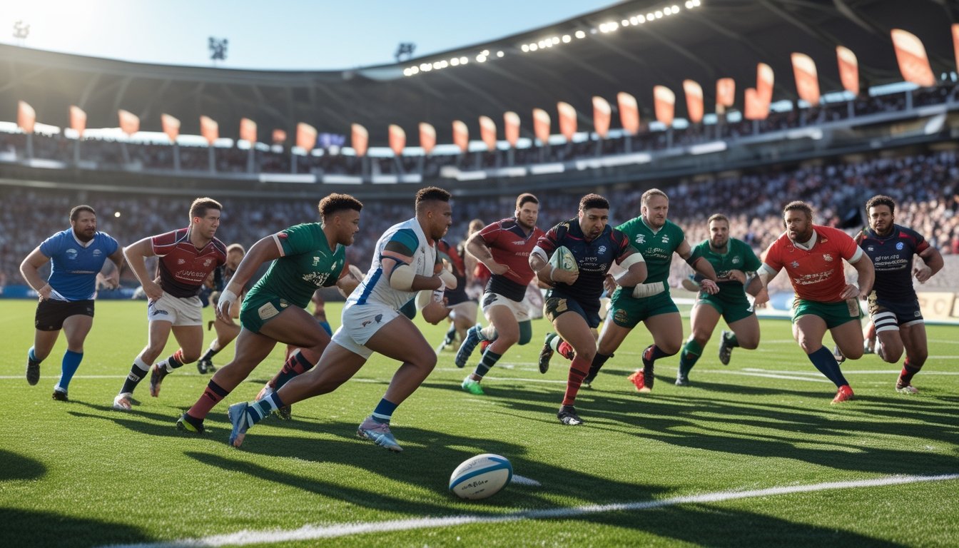 Para pemain rugby sedang beraksi di lapangan stadion dengan penonton di latar belakang.