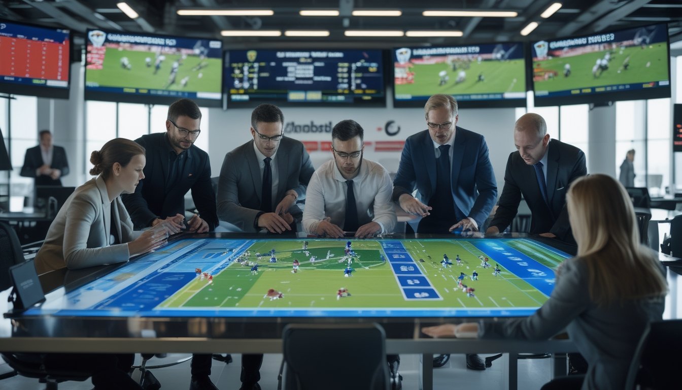 Sekelompok analis olahraga sedang berdiskusi di ruang kantor modern dengan layar digital yang menampilkan data pertandingan rugby.