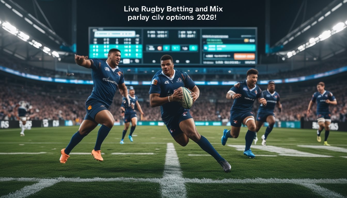 Pertandingan rugby sedang berlangsung di stadion dengan pemain yang beraksi dan penonton di latar belakang.