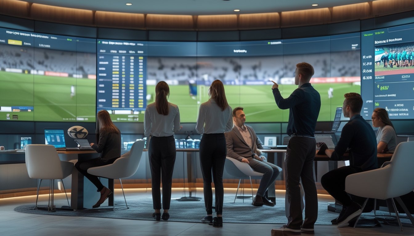 Sekelompok orang sedang menganalisis peluang taruhan rugby di layar digital dalam ruangan modern.