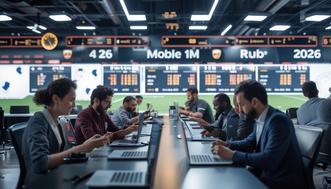 Orang-orang menggunakan perangkat mobile dan laptop di kantor modern dengan layar digital menampilkan statistik dan skor pertandingan rugby.