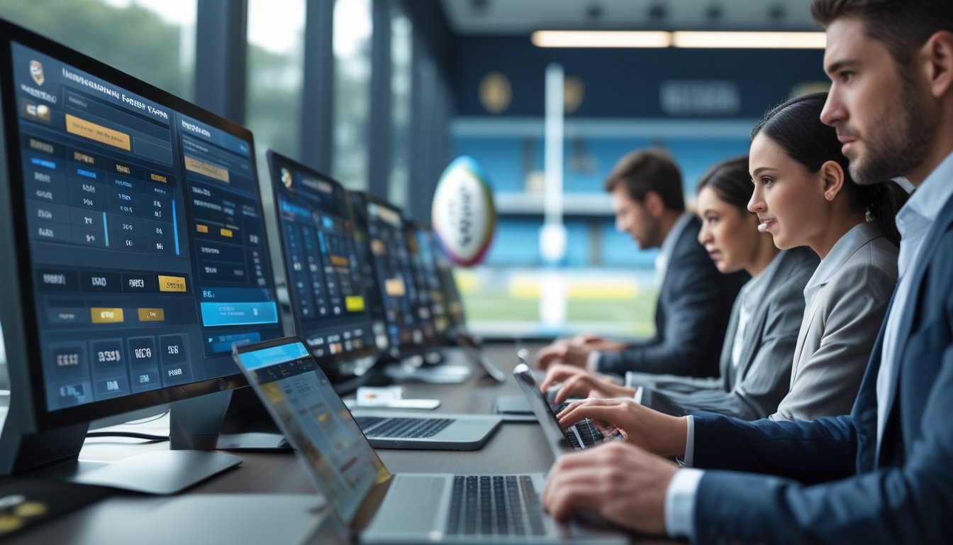 Sejumlah profesional bekerja di kantor modern dengan layar digital menampilkan statistik dan aplikasi taruhan rugby secara mobile.