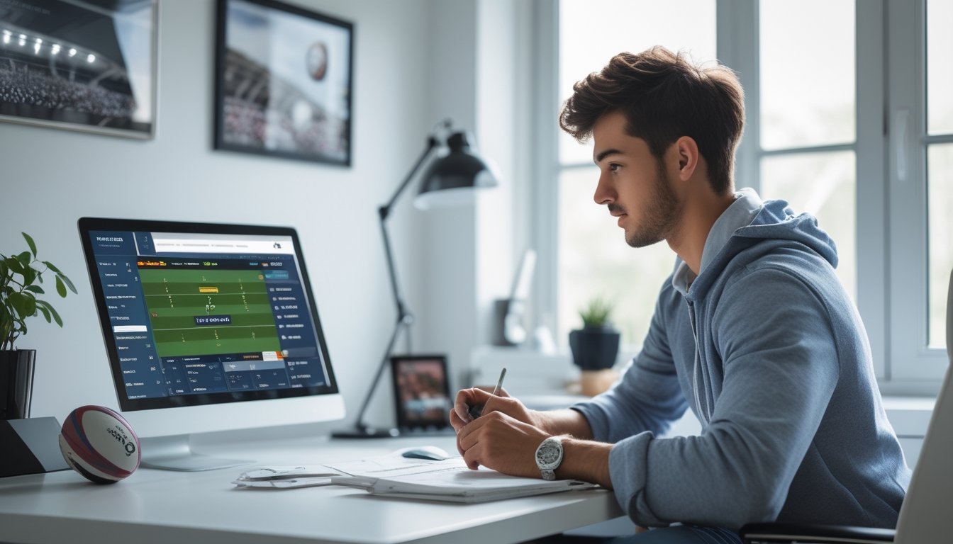 Seorang pria muda duduk di meja dengan laptop dan alat tulis, fokus mempelajari statistik dan peluang taruhan rugby di ruang kerja yang terang.