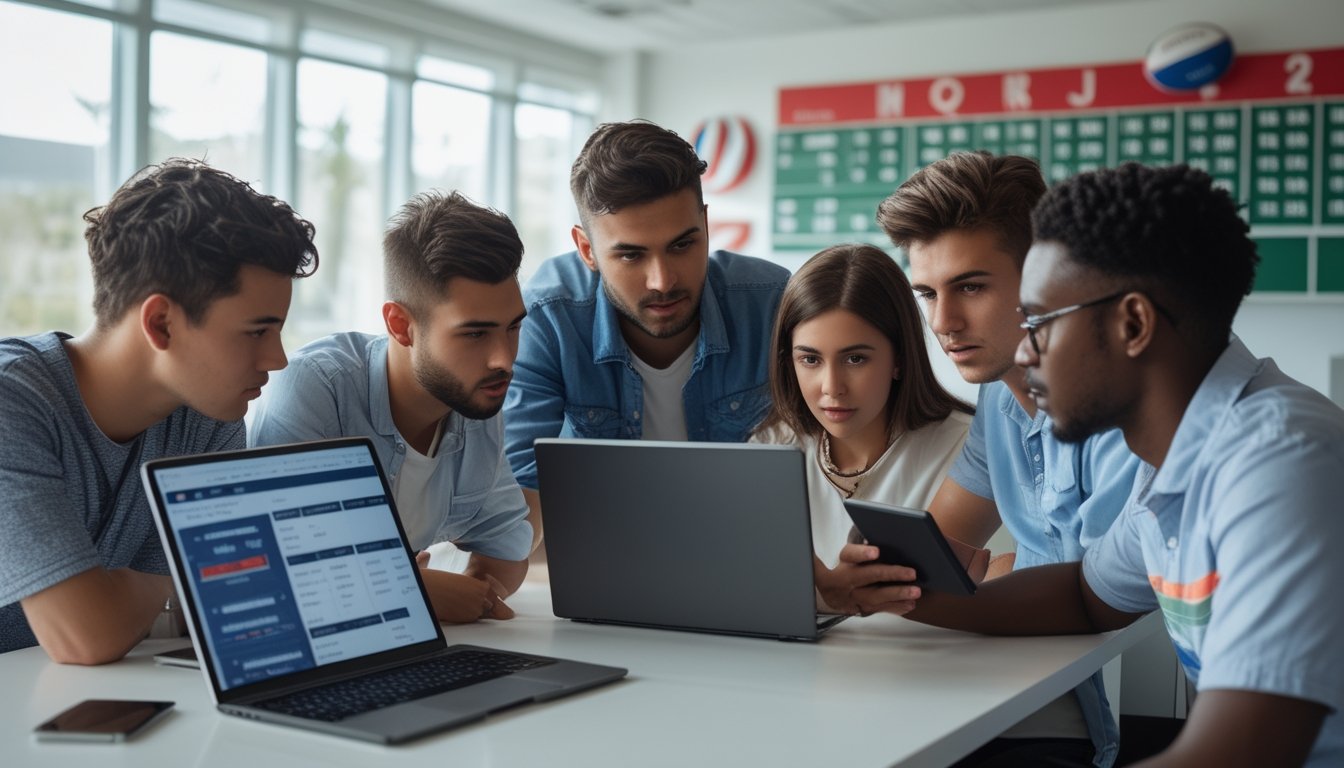 Sekelompok orang muda sedang berdiskusi dan melihat data taruhan rugby di laptop dan tablet di sebuah kantor modern.
