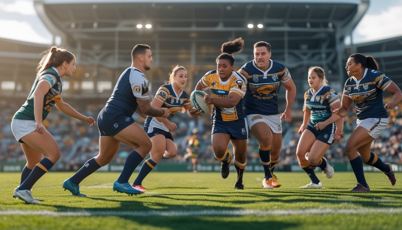 Sejumlah pemain rugby sedang beraksi di lapangan hijau dengan latar stadion dan penonton.
