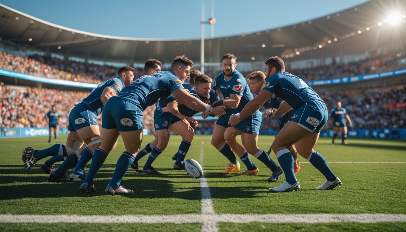 Pertandingan rugby yang menampilkan dua tim berbeda bermain di lapangan hijau dengan penonton di stadion.