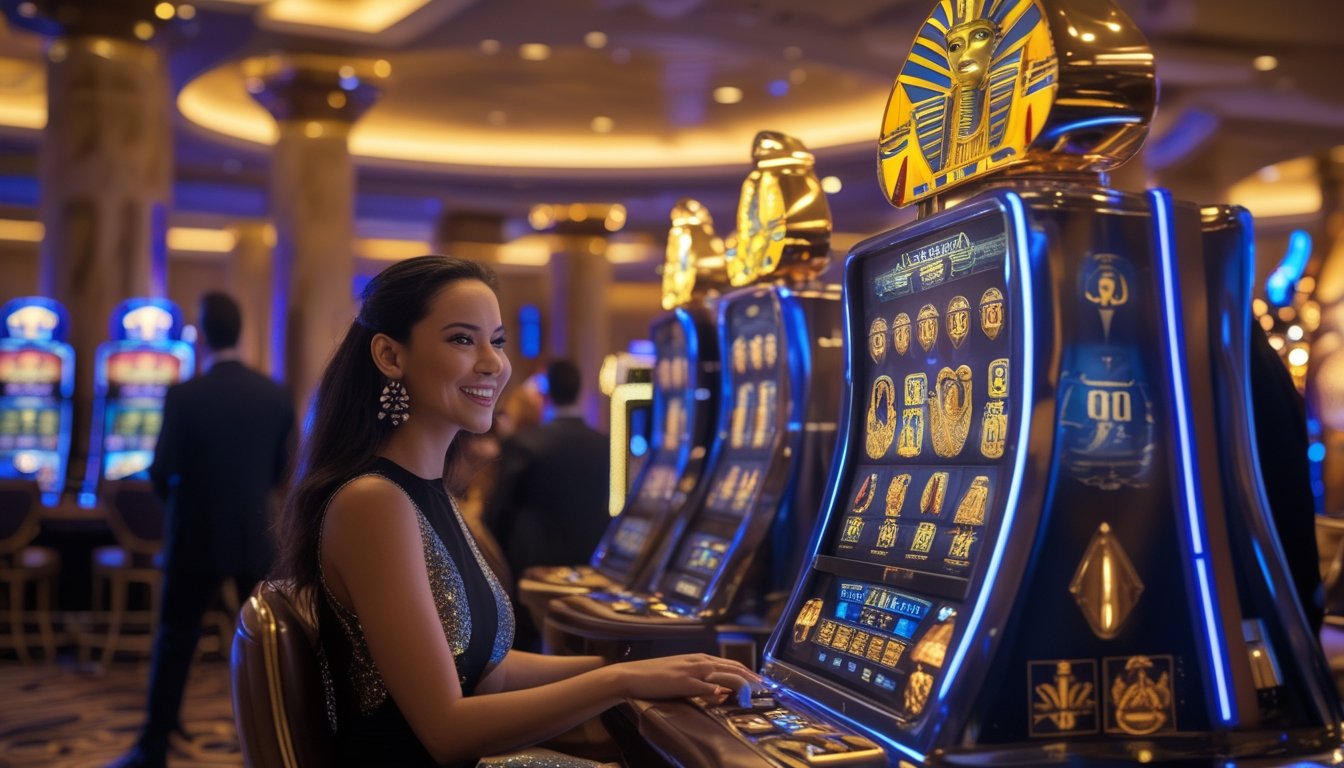Seorang pemain di kasino modern dengan mesin slot bertema Mesir kuno dan dekorasi mewah, menunjukkan suasana permainan yang menyenangkan dan penuh semangat.