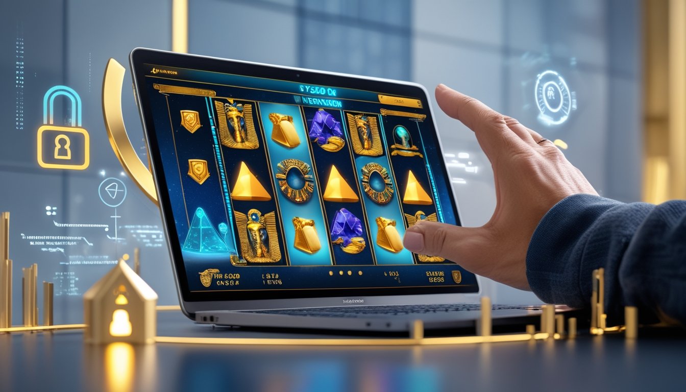 Seseorang menggunakan perangkat digital dengan tampilan permainan slot bertema Mesir kuno dan simbol keamanan di latar belakang.