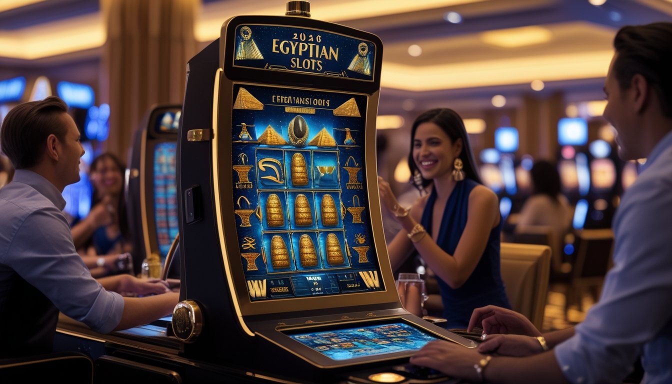 Suasana kasino modern dengan mesin slot bertema Mesir dan pemain yang sedang menikmati permainan.