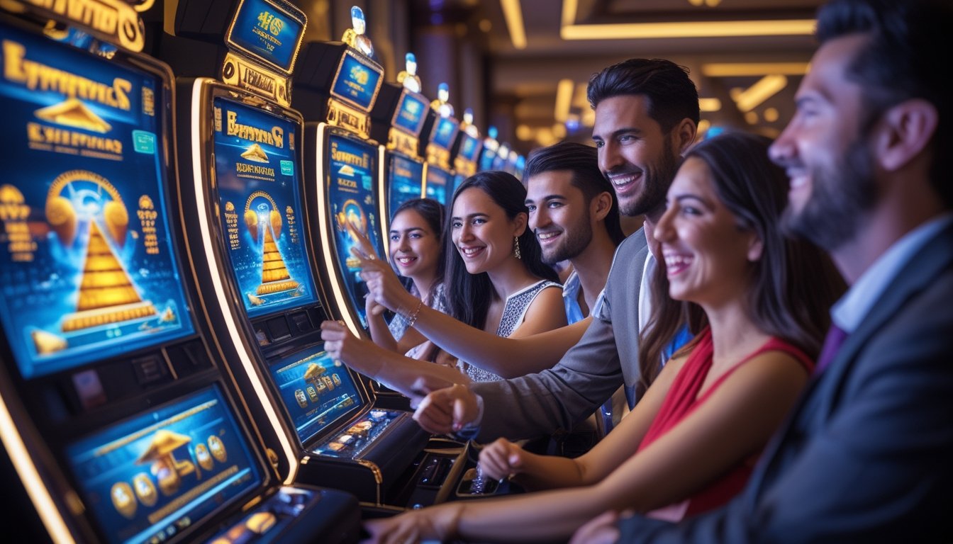 Orang-orang bermain mesin slot bertema Mesir di kasino modern dengan suasana cerah dan menyenangkan.