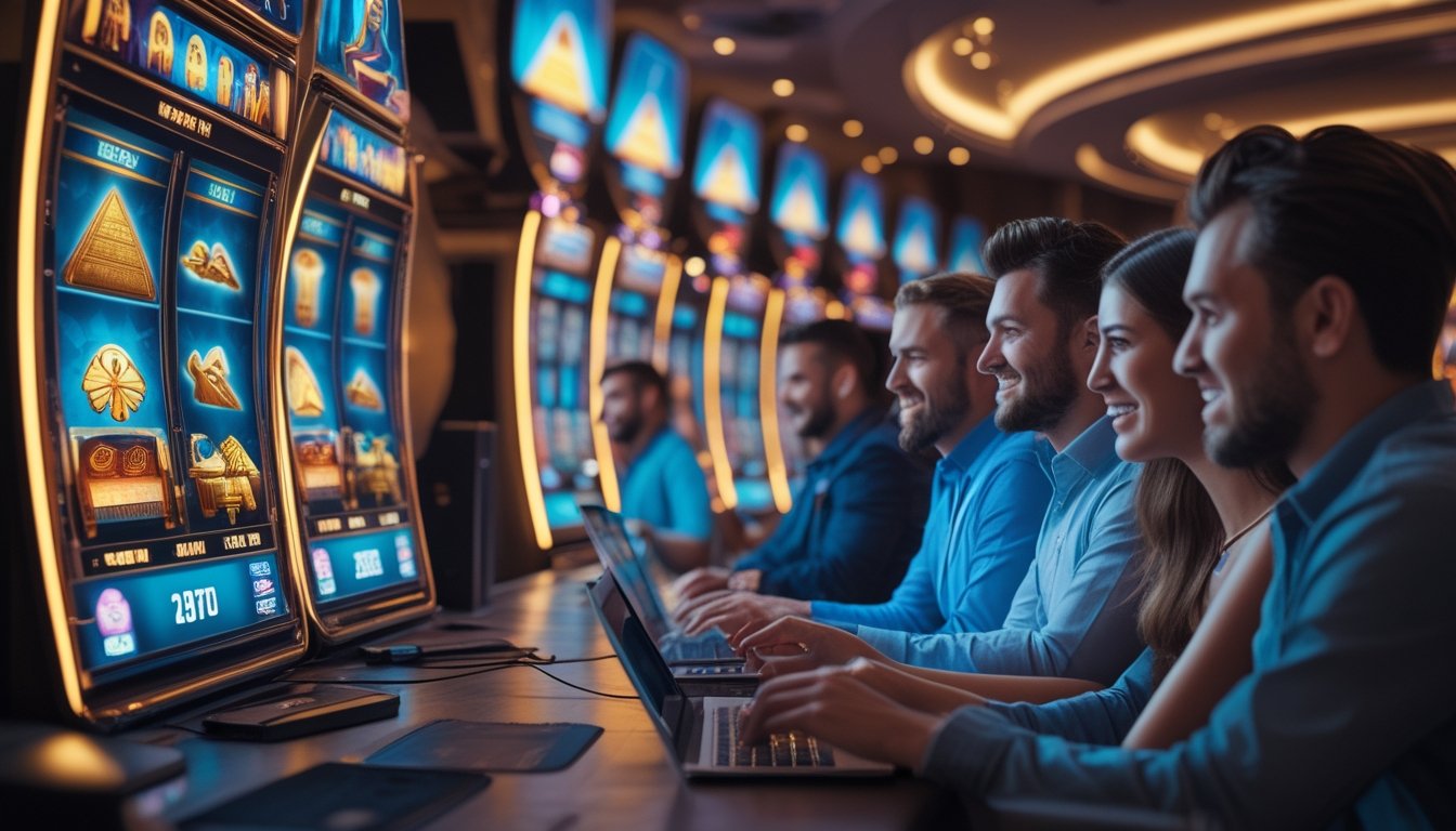 Sekelompok pemain sedang bermain mesin slot bertema Mesir dengan latar belakang kasino modern dan perangkat digital.