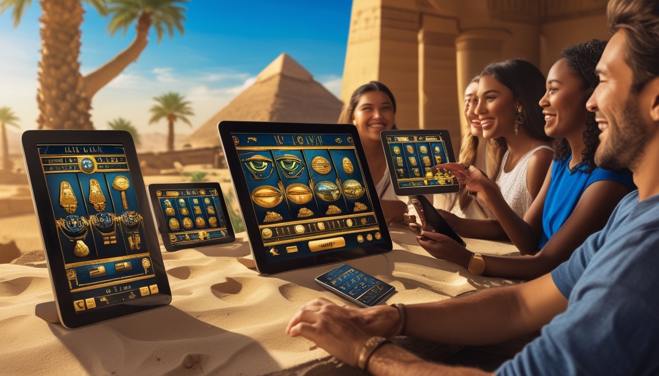 Layar permainan slot bertema Mesir Kuno dengan simbol piramida dan scarab, dikelilingi oleh pemain yang menggunakan perangkat modern di latar gurun dan sungai Nil.