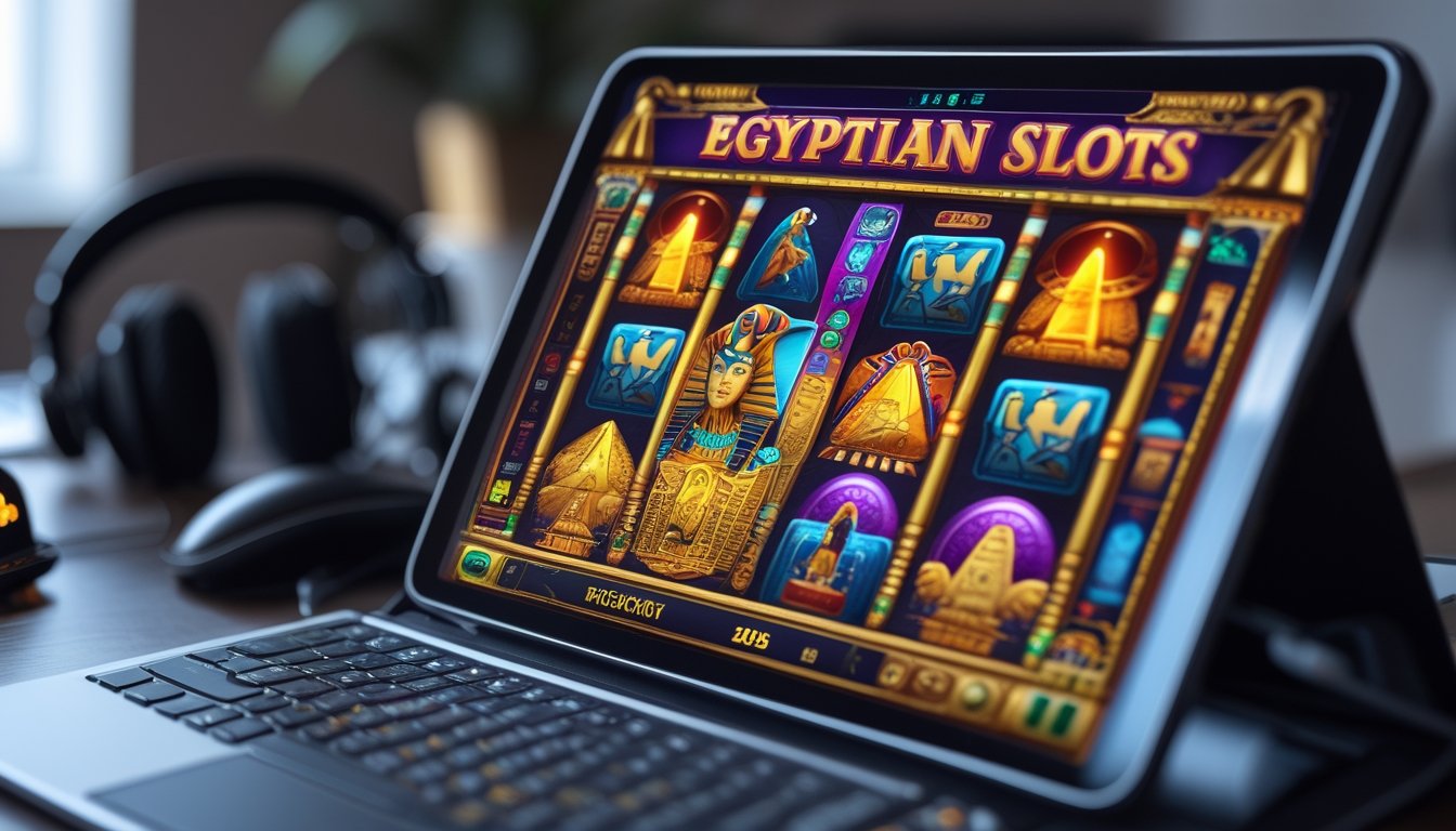 Layar komputer menampilkan permainan slot bertema Mesir kuno dengan simbol seperti scarab dan piramida di sebuah ruangan yang nyaman.