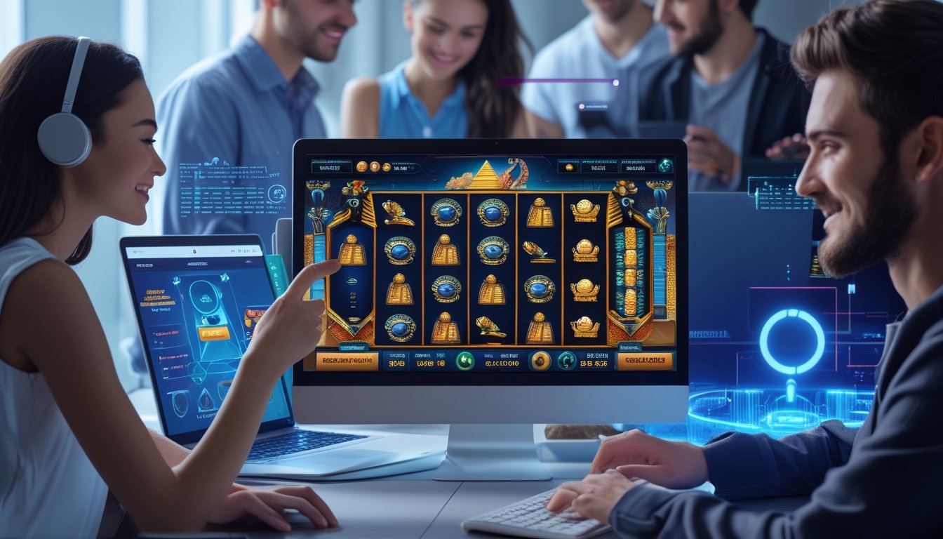 Orang-orang muda menggunakan perangkat digital dengan latar mesin slot bertema Mesir kuno dan elemen teknologi modern yang menunjukkan sistem deposit cepat dan aman.