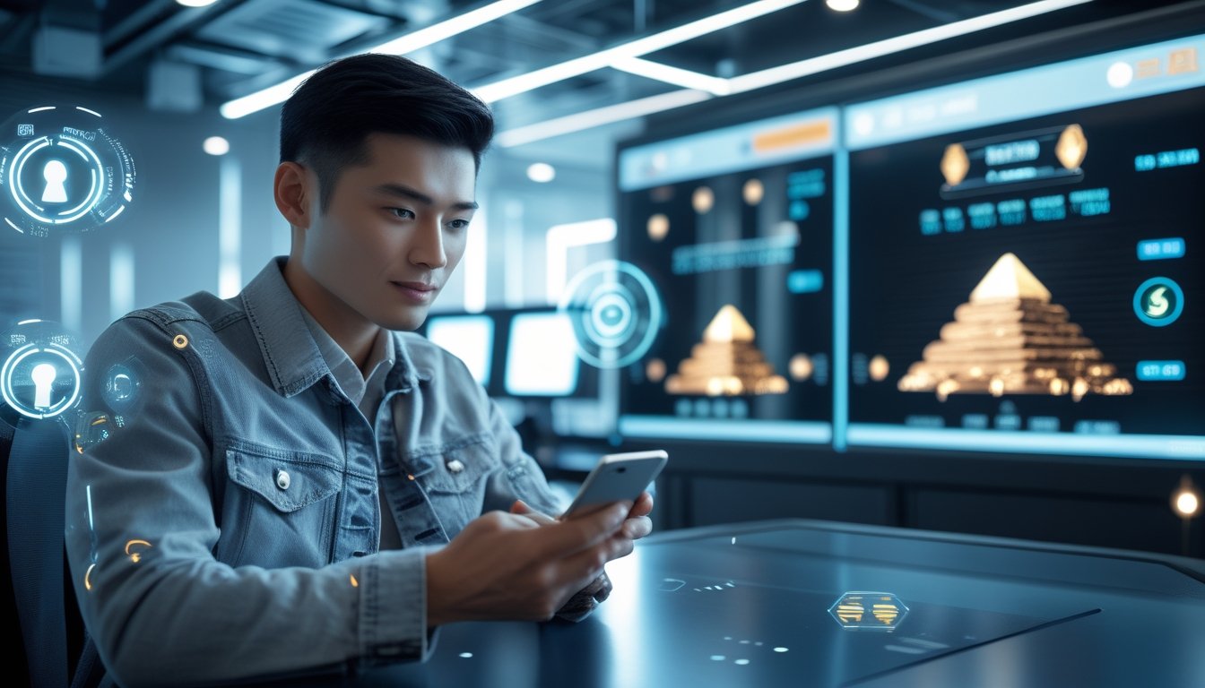 Seorang pria muda menggunakan ponsel untuk melakukan deposit cepat dan aman dengan latar belakang layar digital bertema permainan slot Mesir.