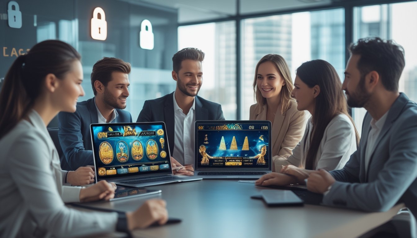 Sekelompok orang sedang berdiskusi di kantor dengan perangkat digital yang menampilkan permainan slot bertema Mesir dan simbol keamanan di layar.