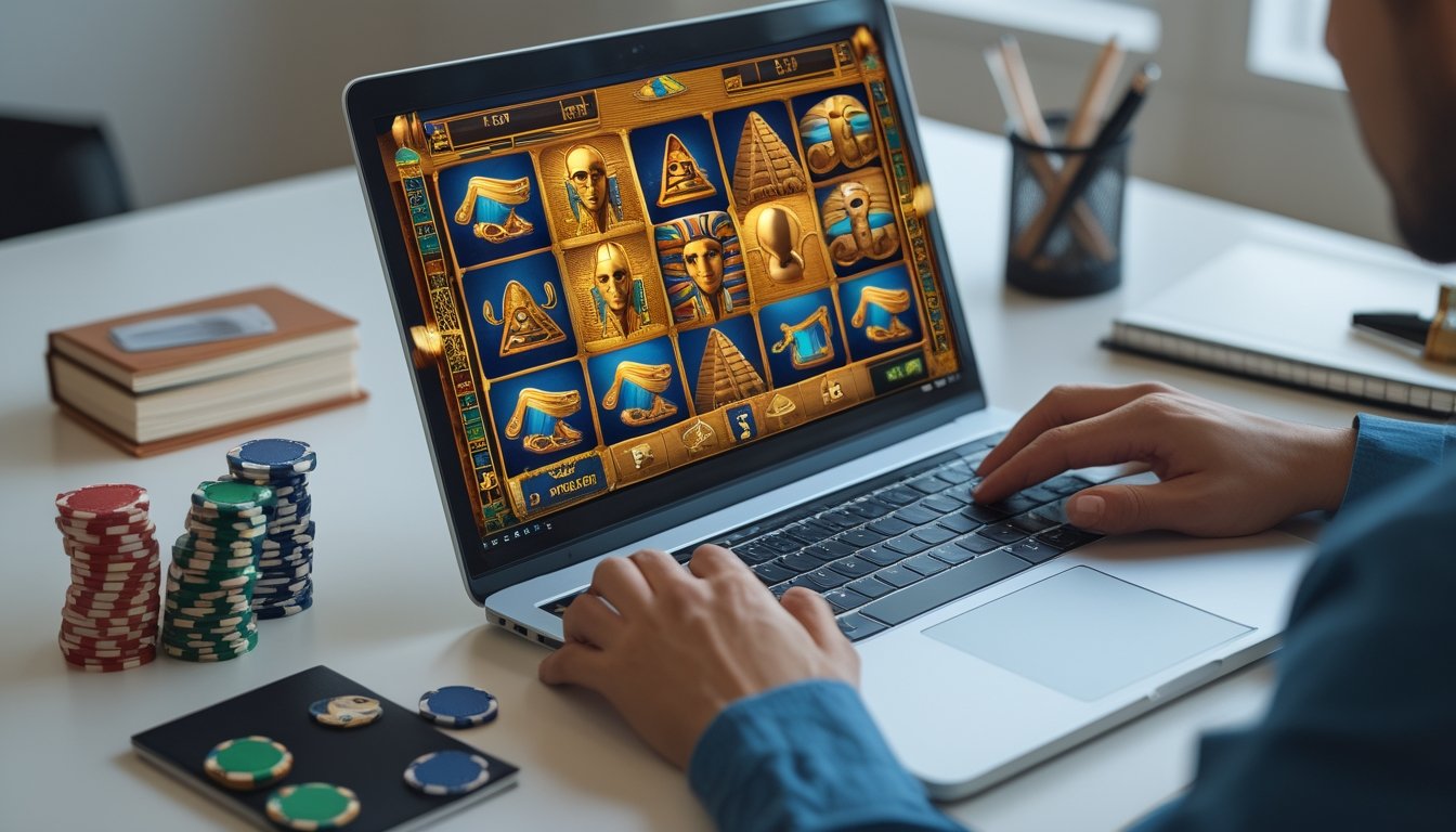 Seseorang menggunakan komputer dengan layar menampilkan permainan slot bertema Mesir, dengan chip kasino dan buku catatan di meja.