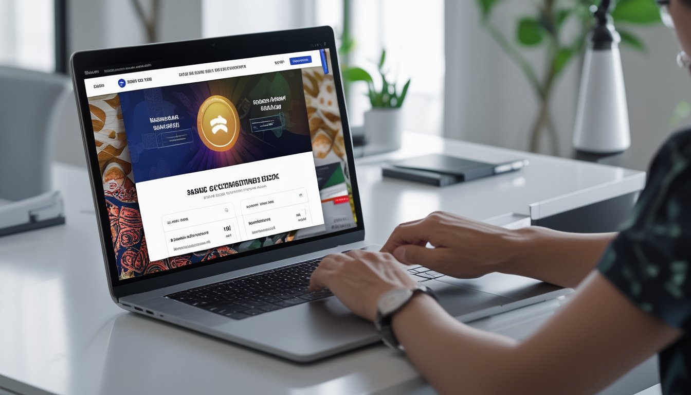 Seseorang menggunakan laptop di meja kerja modern dengan tampilan situs taruhan sabung ayam online di layar komputer.