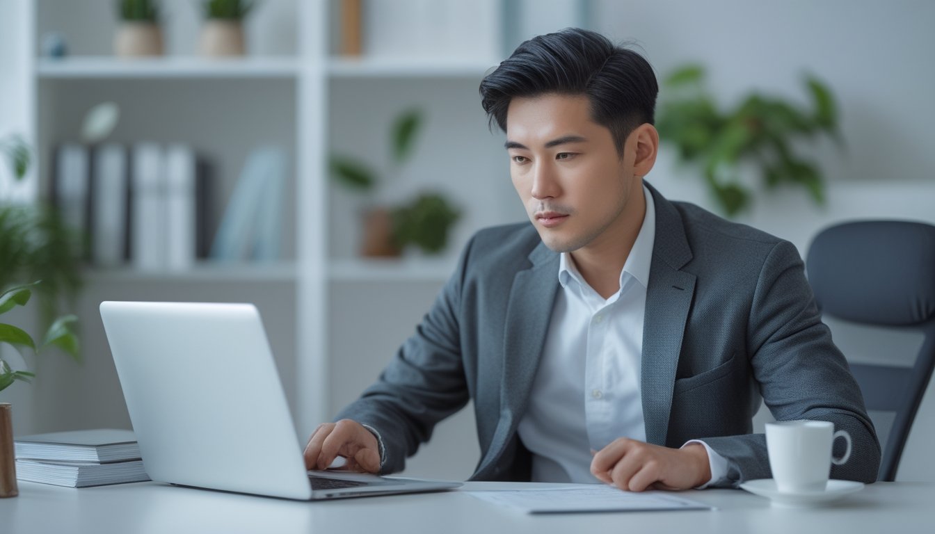 Seorang pria Asia Tenggara sedang duduk di meja kantor modern dengan laptop dan dokumen, tampak fokus dan serius.