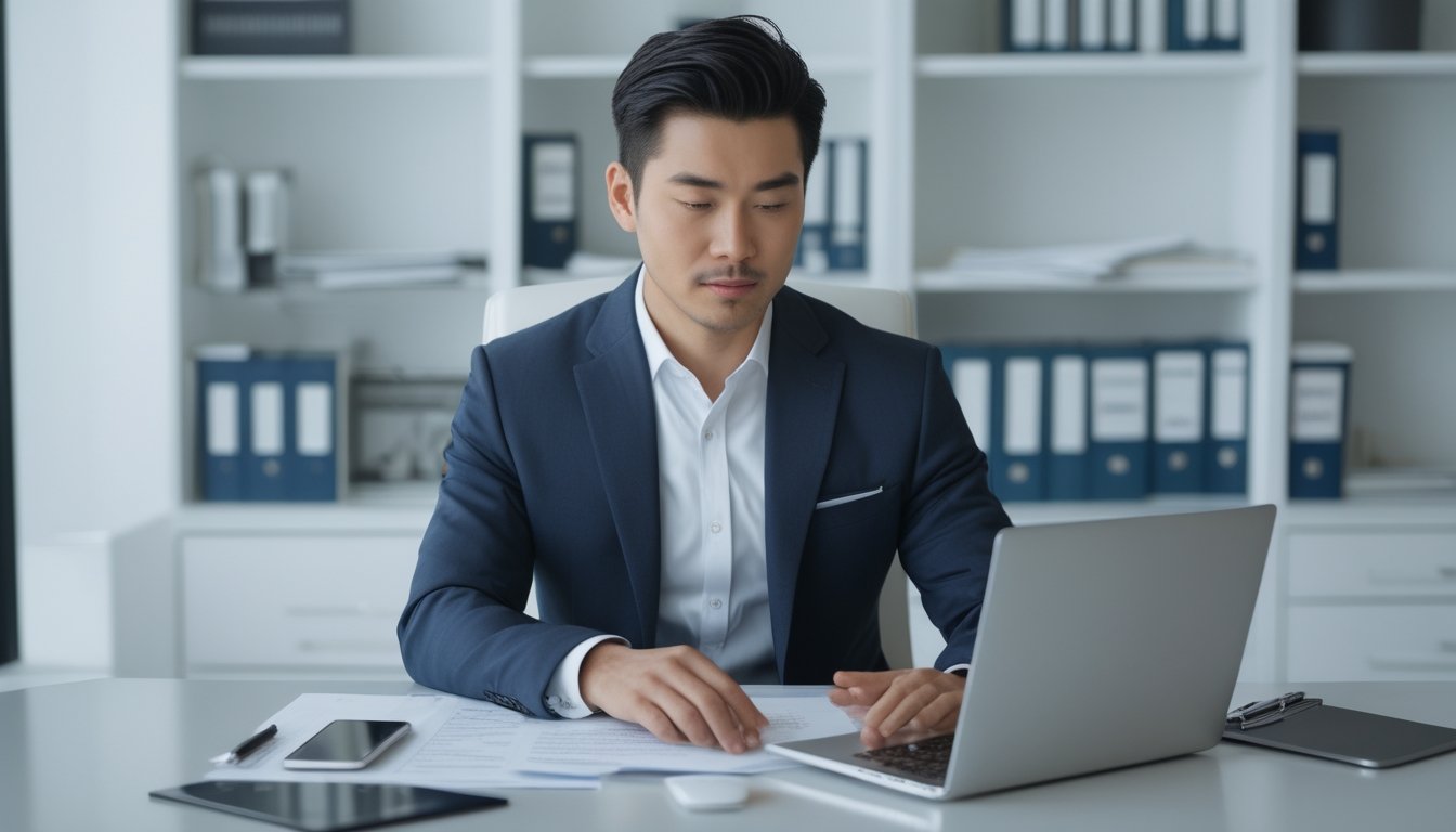 Seorang pria Asia Tenggara duduk di meja kantor modern sambil memeriksa dokumen dan menggunakan laptop, dengan rak buku dan bahan referensi hukum di latar belakang.