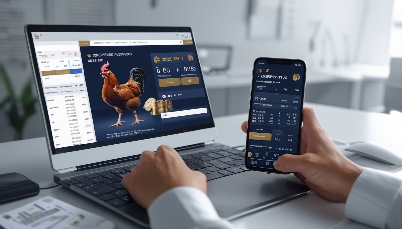 Meja kerja dengan laptop dan ponsel yang menampilkan informasi taruhan sabung ayam secara digital.