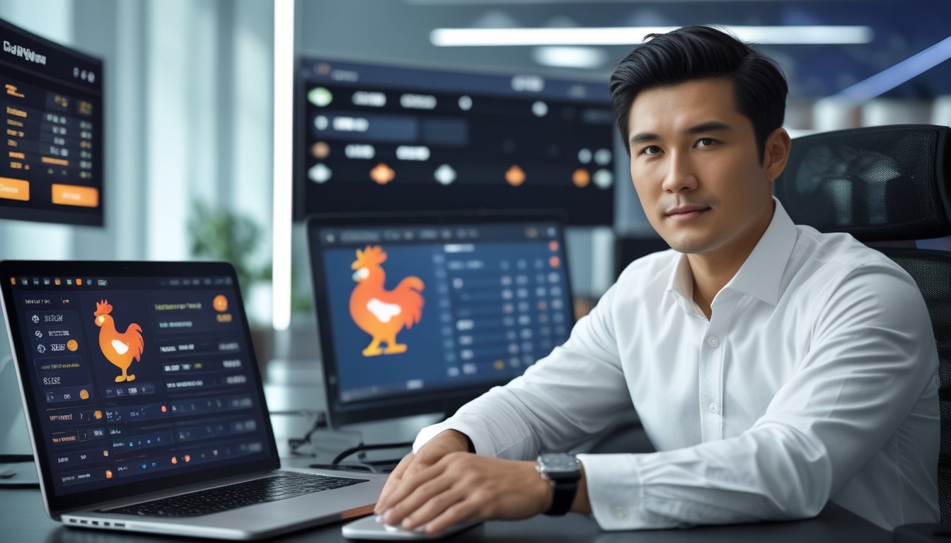 Seorang pria duduk di meja dengan perangkat digital yang menampilkan data taruhan sabung ayam, di dalam ruangan kantor modern.