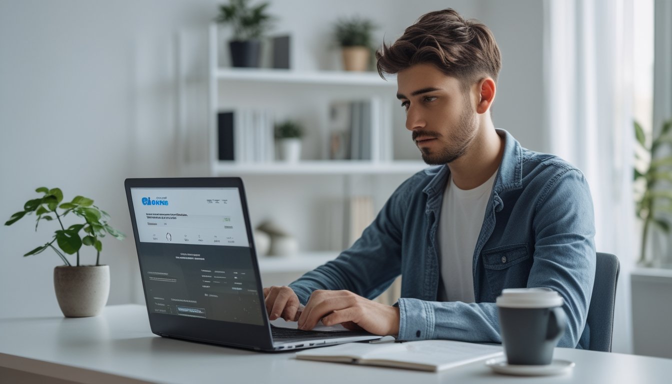 Seorang pria muda duduk di meja dengan laptop terbuka, tampak fokus belajar menggunakan situs taruhan online di ruang kerja yang rapi dan terang.