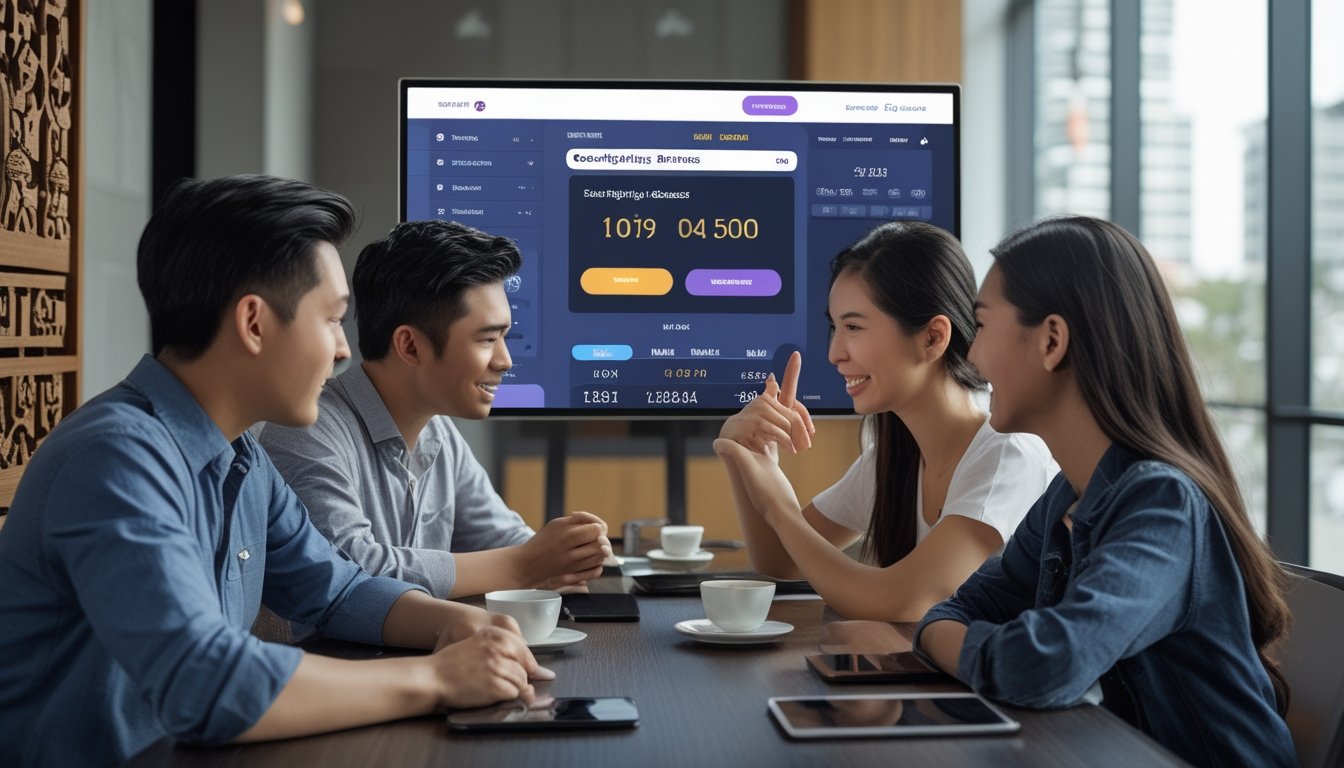 Sekelompok orang sedang fokus melihat layar digital yang menampilkan aplikasi taruhan sabung ayam di sebuah ruangan modern dengan dekorasi tradisional.