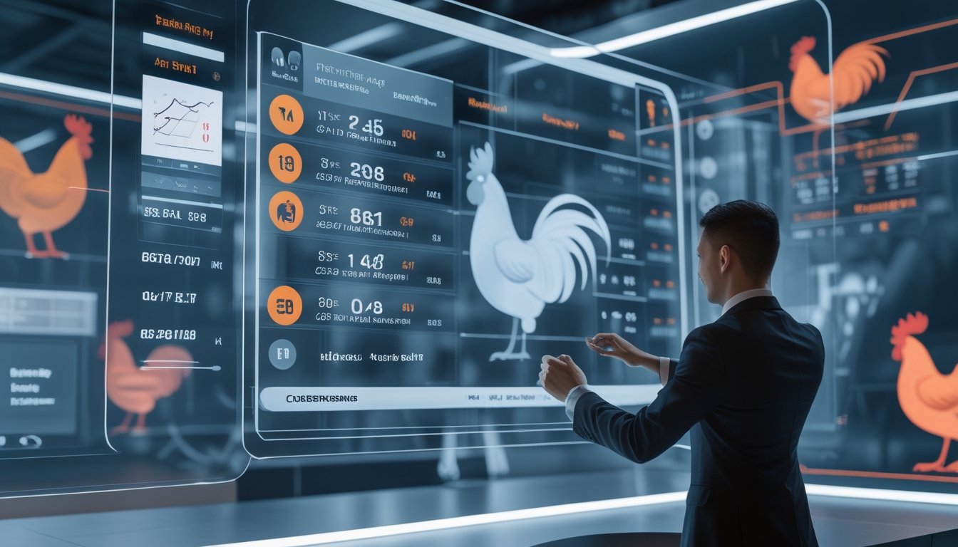 Seorang agen profesional berinteraksi dengan layar sentuh digital yang menampilkan informasi taruhan sabung ayam.
