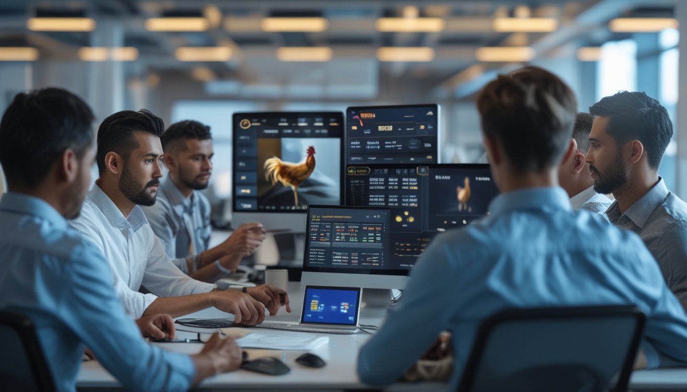 Orang-orang menggunakan komputer di ruang kantor modern untuk taruhan sabung ayam dengan tampilan layar digital yang menunjukkan aktivitas taruhan.