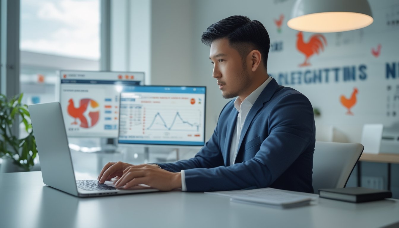 Seorang pria Asia Tenggara duduk di meja kantor modern sambil melihat layar laptop dengan grafik dan data terkait taruhan online sabung ayam.