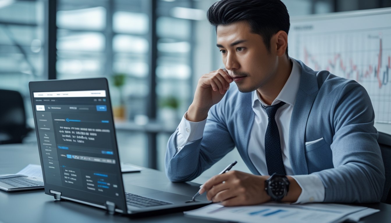 Seorang pria Asia Tenggara duduk di meja dengan laptop, menganalisis data dan grafik di kantor modern.