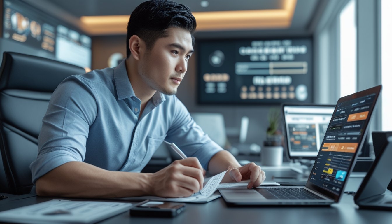 Seorang pria Asia Tenggara duduk di meja dengan perangkat digital, menganalisis data dan strategi taruhan sabung ayam secara online.