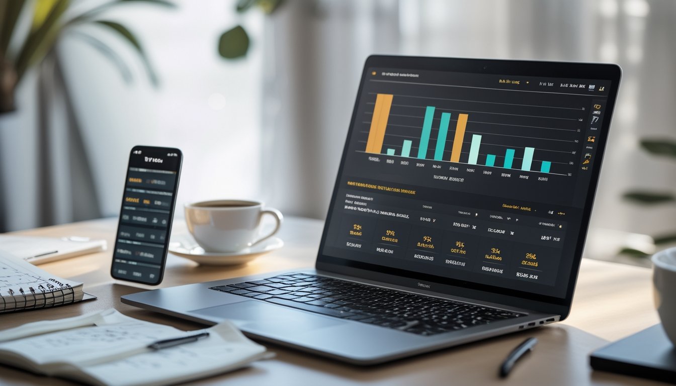 Seorang profesional sedang bekerja dengan laptop yang menampilkan data dan grafik taruhan sabung ayam SV388 tahun 2026 di sebuah meja kerja.