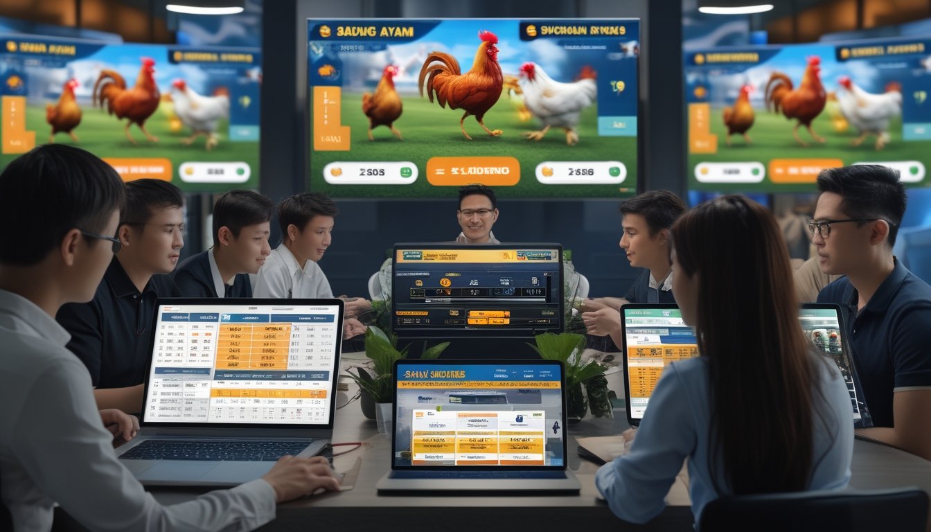 Beberapa orang menggunakan perangkat digital untuk bermain dan bertaruh pada permainan sabung ayam secara online dengan layar besar menampilkan pertandingan sabung ayam.