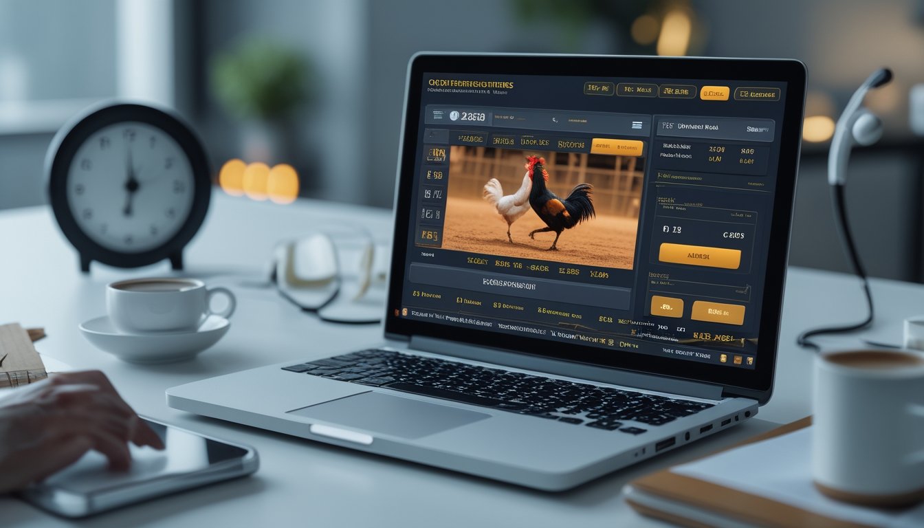 Seorang pengguna menggunakan laptop dan ponsel untuk memasang taruhan online sabung ayam di meja kerja yang rapi dengan suasana profesional.