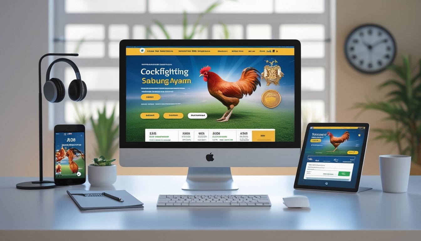 Seorang agen profesional bekerja di depan komputer dengan tampilan platform taruhan sabung ayam online, dikelilingi oleh perangkat komunikasi dan jam yang menunjukkan layanan 24 jam.