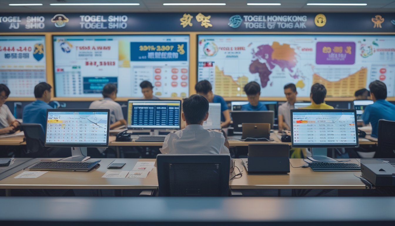 Orang-orang di kantor modern sedang memeriksa hasil togel dan menganalisis data pada layar komputer.