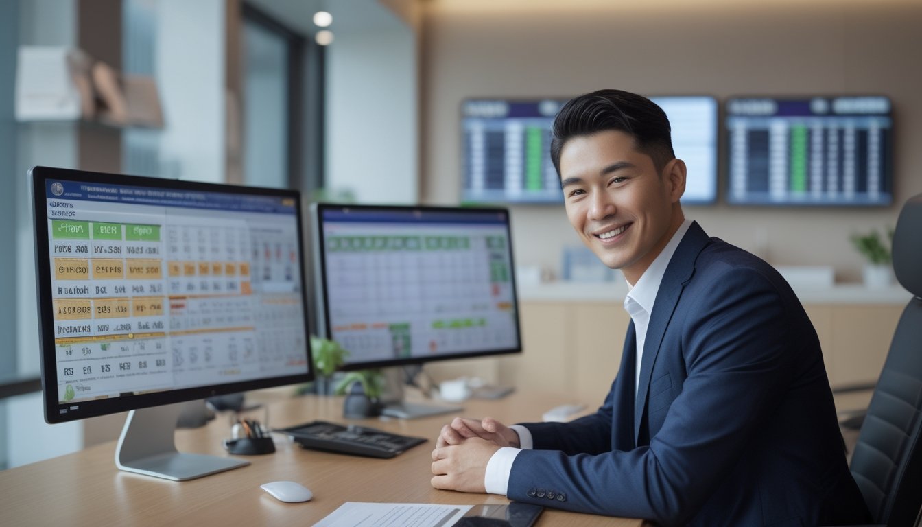 Seorang agen profesional duduk di meja kantor modern dengan beberapa layar komputer menampilkan data taruhan togel, tersenyum dan berbicara dengan klien.