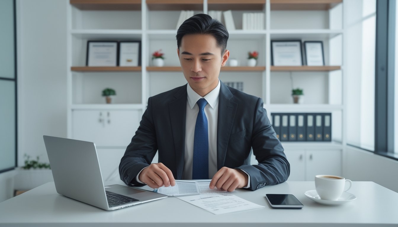 Seorang pria Asia berpakaian rapi duduk di meja kantor modern, menggunakan laptop dan meninjau dokumen dengan latar belakang rak buku dan sertifikat di dinding.