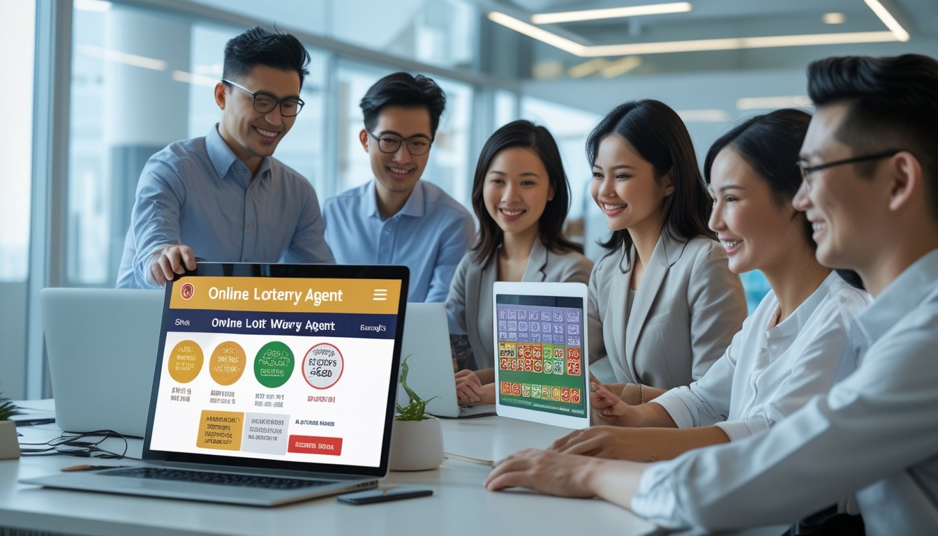 Beberapa orang menggunakan laptop dan ponsel di kantor modern yang terang, menunjukkan suasana profesional dan terpercaya untuk agen togel online.
