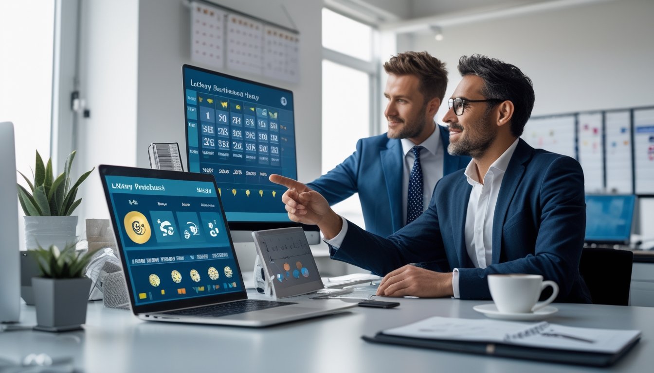 Dua orang profesional sedang berdiskusi di kantor dengan perangkat digital yang menampilkan data prediksi togel dan shio.